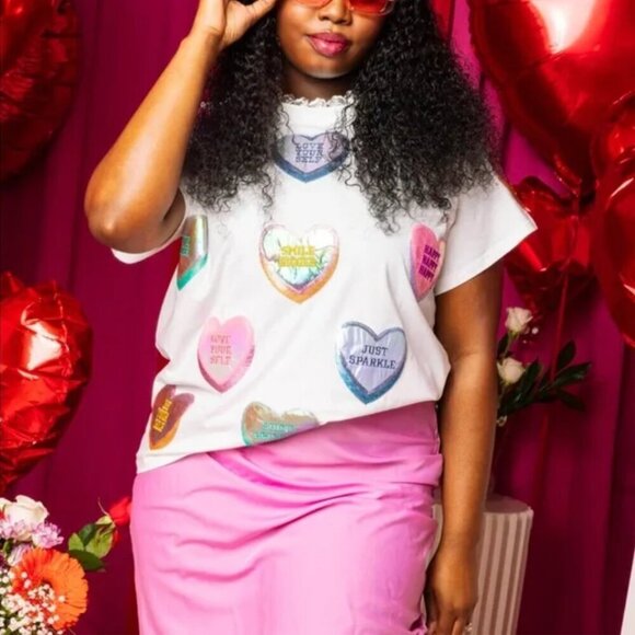 NWT Queen of Sparkles Positive Candy Heart Tee - White and Multicolor - Picture 1 of 3